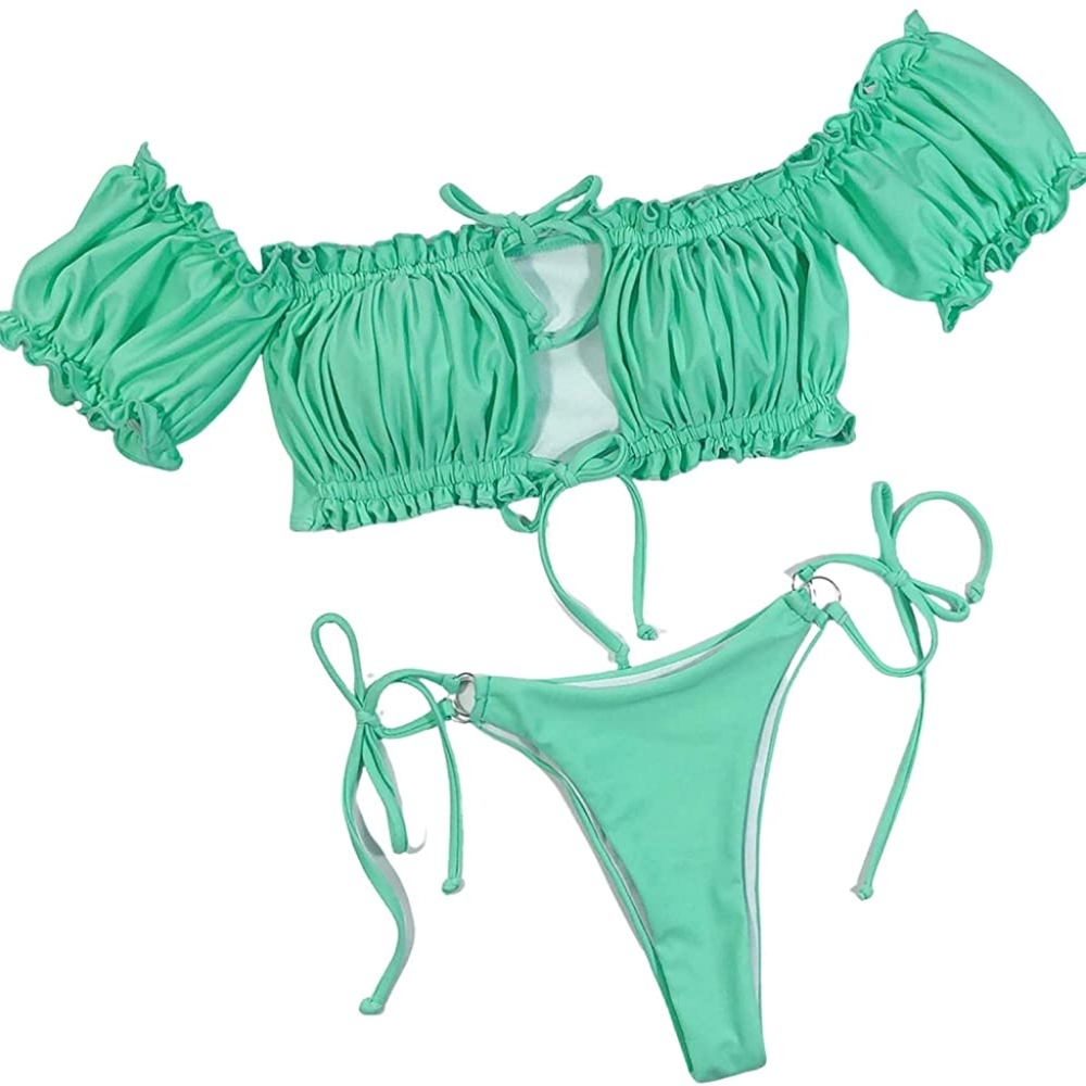 🆕️Bandeau Bikini Set Strapless Ribbed Tie Back Ruffle Cutout Swimsuits - Picture 2 of 6